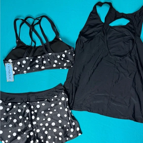 Yonique Womens 3 Piece Tankini Swimsuit Boyshorts Athletic Modest Black NWT M - Picture 3 of 7